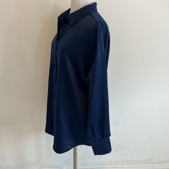 Nasty Gal Navy Satin Button Down Shirt - Picture 3 of 6